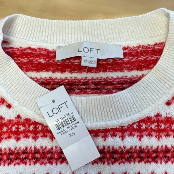 NWT LOFT‎ Women's Fair Isle Striped Crew Neck Sweater Red White XS S/766805 - Image 7
