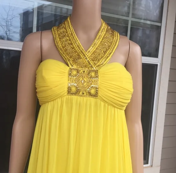 Dusk Collection by shella yen Yellow Beaded Halter Empire-Waist Maxi Dress - Image 4
