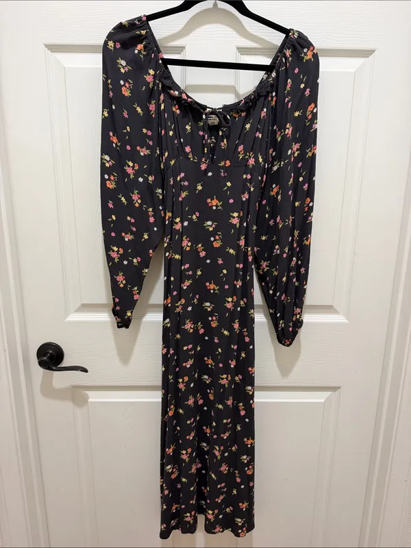 Billabong Black Floral Tie-Front Long Sleeve Boho Peasant Style Midi Dress XS - Image 4
