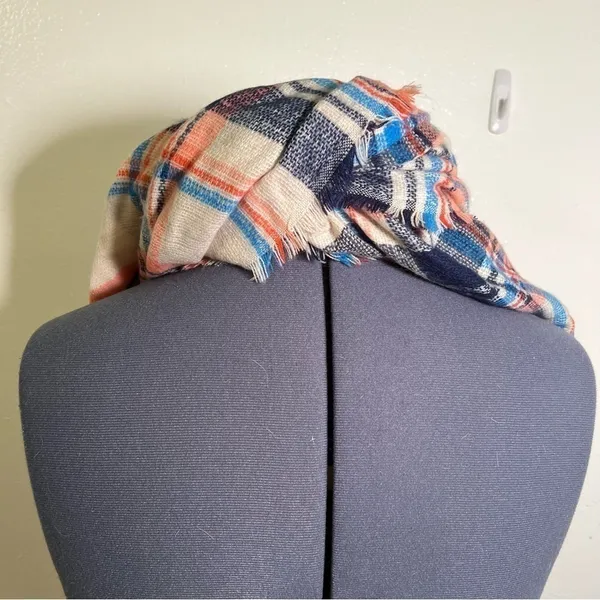 Women's Blanket Oversized Scarf Cream White Red Blue Navy Plaid Frayed Hem - Image 5