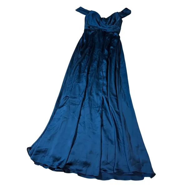 NWT Dessy‎ Dress Size 0 OFF-THE-SHOULDER DRAPED NECKLINE MAXI Atlantic Blue - Image 3