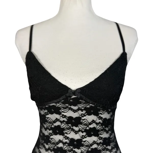 Black Lace Cami Womens XS Floral Sheer Mesh Bow V-Neck Adjustable Y2K Goth Top - Image 9