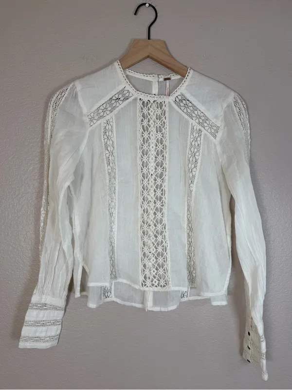 Free People Without You Lace Crochet Panel Ivory Peasant Blouse XS $148 - Image 5