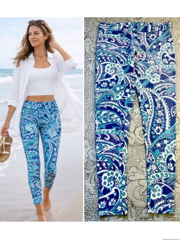 COOLIBAR Monterey Morada Aqua Blue Paisley UPF 50 Leggings Sun Protection~S💛 - Image 2