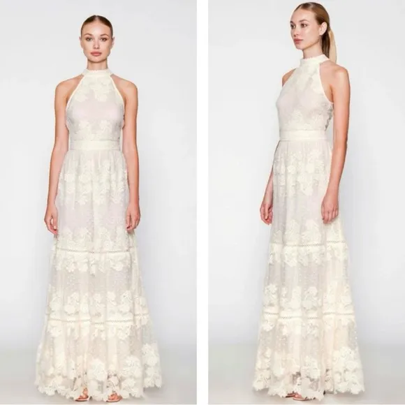 Champagne & Strawberry Tiered Maxi Dress With Crochet Trim & Floral Appliqué - Image 2