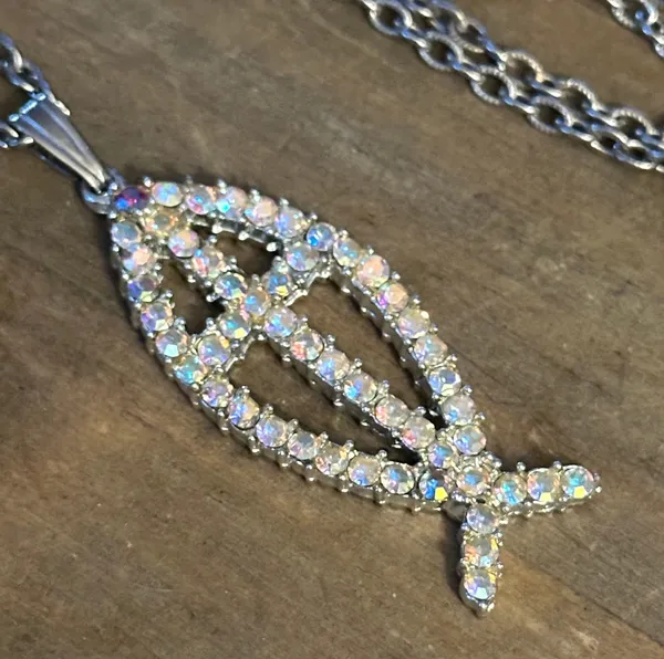 Vintage AB Rhinestone Ichthus Fish Cross Pendant Necklace - Image 4