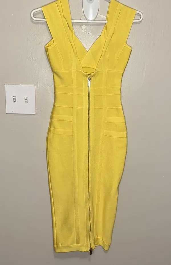 House Of CB London Neon Yellow Bodycon Bandage Cocktail Dress Size XS - Image 7