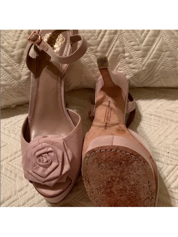 Vince Camuto Nude Pink Peep-Toe Platform Heels with Rose Floral Accent - Image 5