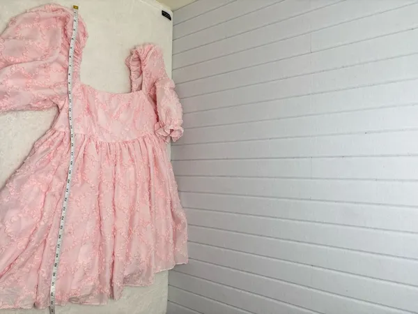Mable Ribbon Textured Puff Sleeve Babydoll Mini Dress In Baby Pink‎ Size M - Image 12