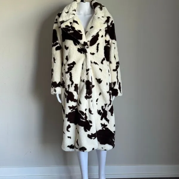 Stoosh Cow Print Faux Fur Coat Dark Brown Crème NWOT - Image 2