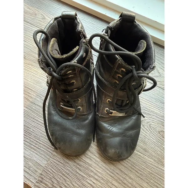 Harley Davidson Womens Black Leather Moto Combat Boots Side Zip Buckle Lug Sole - Image 6