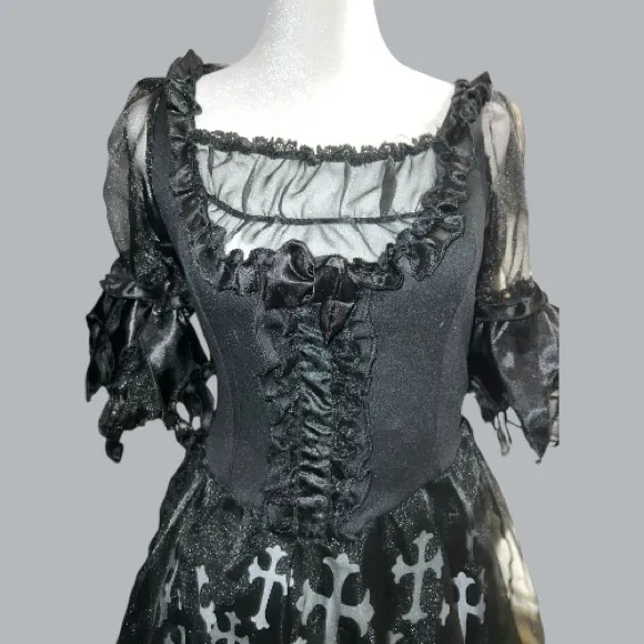 Gothic Black torn shredded look Dress with White Cross Pattern Size L - Image 4