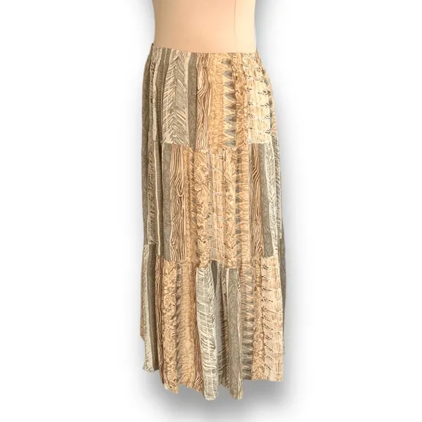 Vintage Petites Earthy Crinkle Rayon Tiered Patchwork Boho Maxi Skirt Festival‎ - Image 5