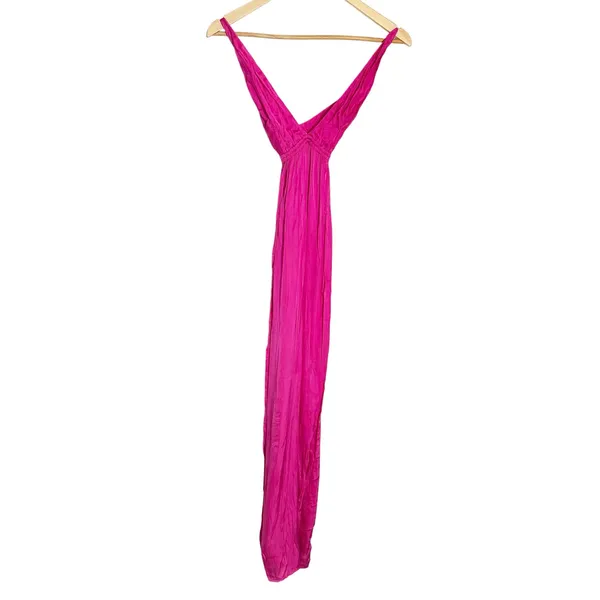 Indah Revolve Hot Pink Satin Plunge V-Neck Strappy Slit Resortwear Maxi Dress XS - Image 3