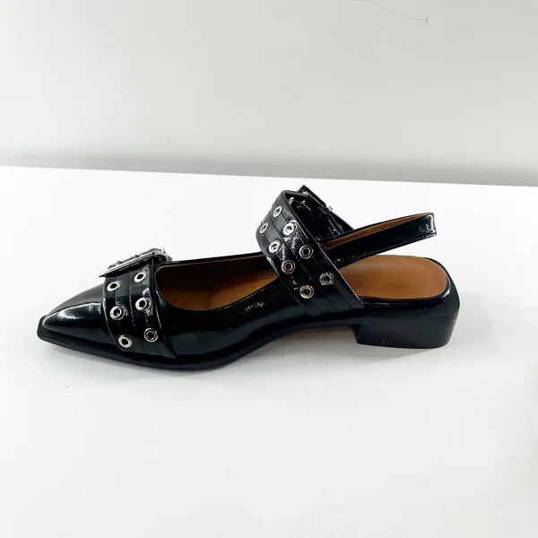 Boutique Black Patent Leather Buckle Slip On Pointed Toe Slingback Flat Shoes 39 / 8.5 - Image 5