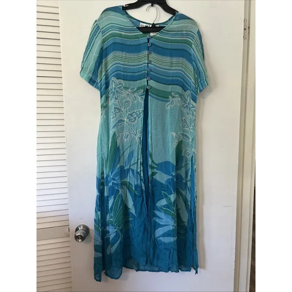 Phool Womens Blue Green Floral Stripe Sheer Tunic & Wide Leg Pant Set Rayon LG‎ - Image 2