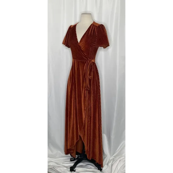 BALTIC BORN Andi Velvet High Low Maxi Dress Ribbed Party Holiday‎ Copper Rust XS - Image 6