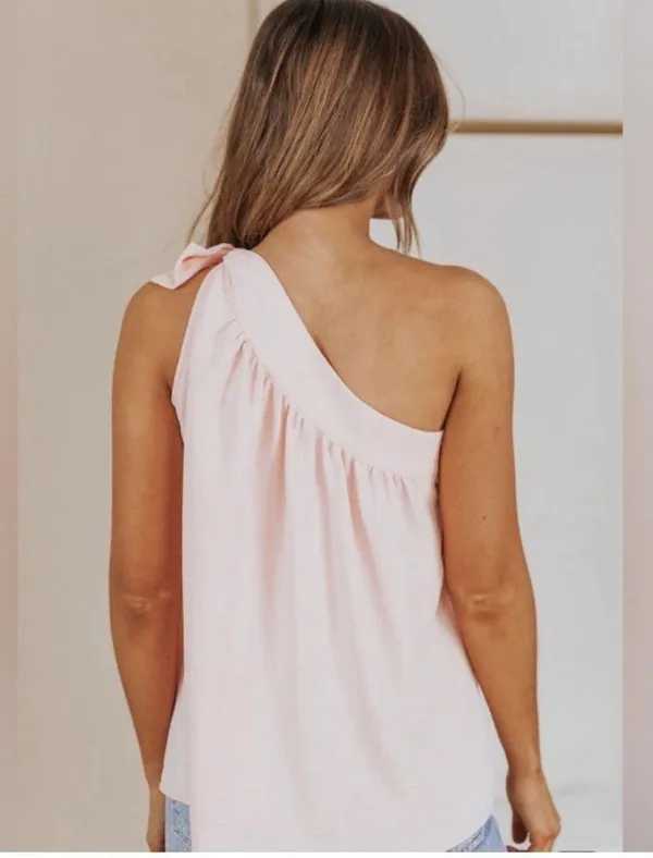 Asymmetrical Tie On One Shoulder Sleeveless Top in Light Pink - Image 2