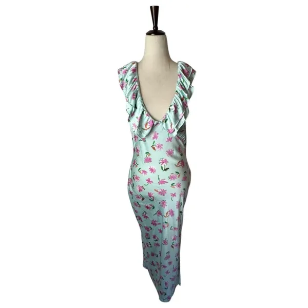 Zara Dress Women Medium Blue Pink Floral Satin Ruffle Trim Midi Slip‎ Dress Boho - Image 3