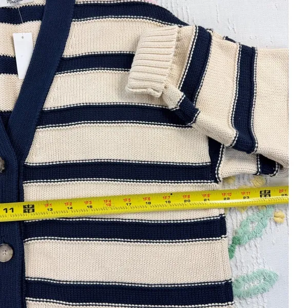 Madewell Striped Navy Cream V Neck S Button‎ Front Knit Cardigan Sweater Women - Image 5