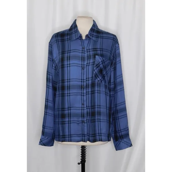 NWT!! WEWOREWHAT Boyfriend Shirt Plaid Navy Blue Collared Oversized Small Medium - Image 2