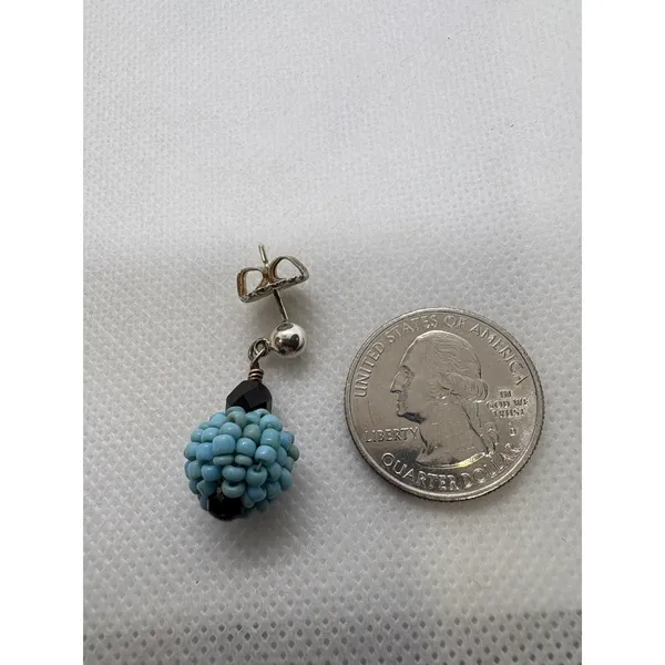 Vintage Sterling Silver Beaded Drop Earrings Turquoise Blue Black 925 Dangle - Image 3