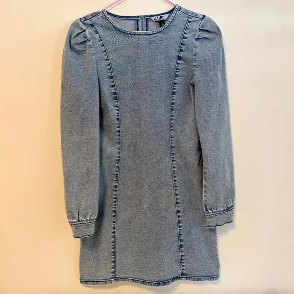 Vylette Danish Darling Long Puff Sleeve Denim Mini Dress Blue Womens Small NWT - Image 2