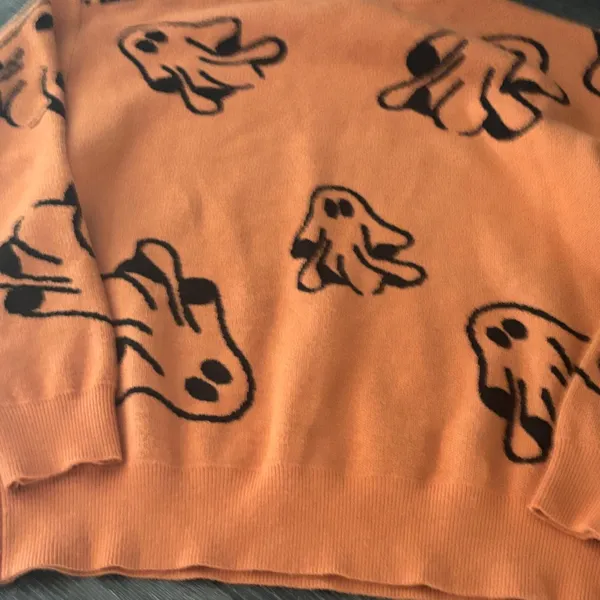 Playful Ghost Pattern Crewneck Sweater Orange Size M - Image 3