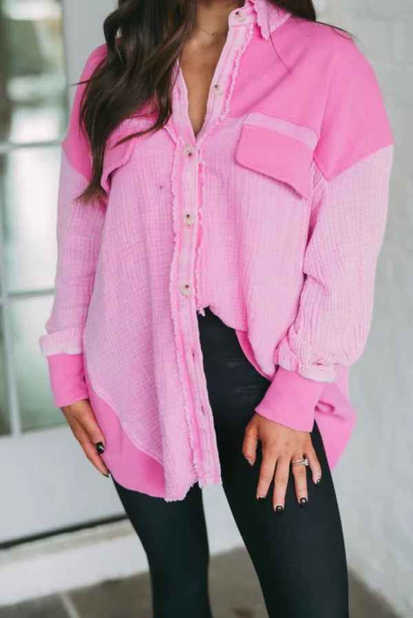 These Three Boutique Frayed Pink Shacket - Image 2