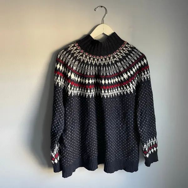 Eddie Bauer Navy Blue Wool Blend Fair Isle Mock Neck Sweater Size Extra Large XL - Image 2