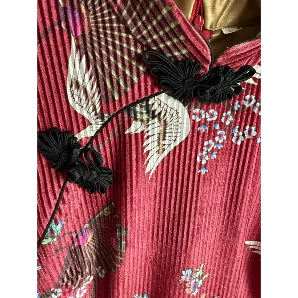 Burgundy Red‎ Crane Floral Pleated Qipao Cheongsam Dress Mandarin Collar L - Image 3
