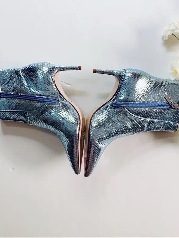 NEW Schutz Metallic Bette Ankle Bootie In Metallic Blue Leather - Image 6