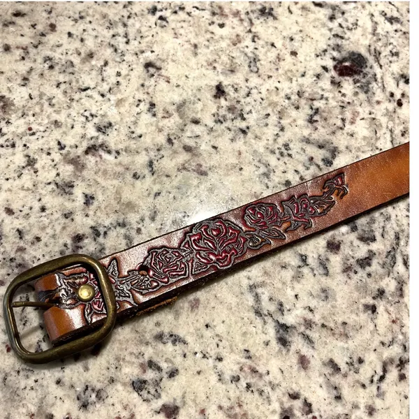 BeltStop‎ Tooled Leather Rose Belt Women 34/36 Tan Western Boho Floral Handcraft - Image 4