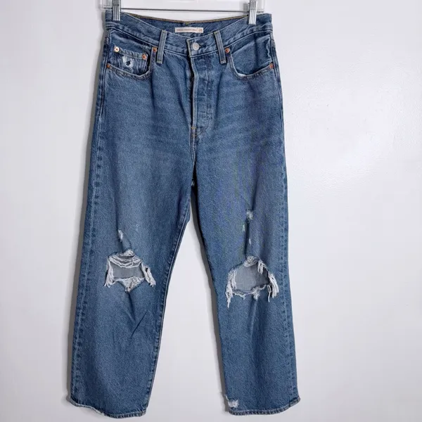 Levis Ribcage Straight Ankle Jean Super High Rise Distressed Blue 28 ×‎ 27 Edgy - Image 3