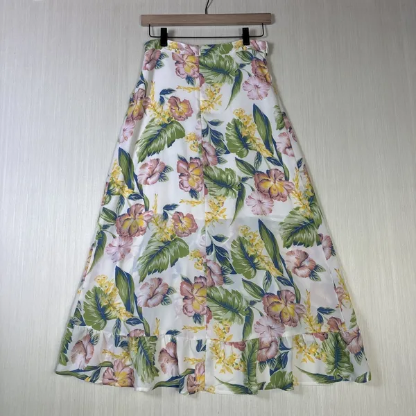 Tropical Floral Ruffle High Low‎ Maxi Skirt White Pink Green Hibiscus Wrap Style - Image 7