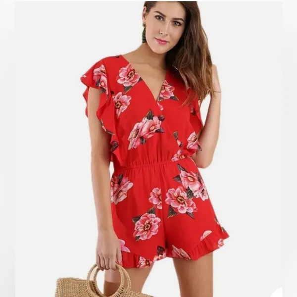 Umgee Floral Romper Red Ruffle Sleeve Surplice Boho Summer‎ Womens Large - Image 4