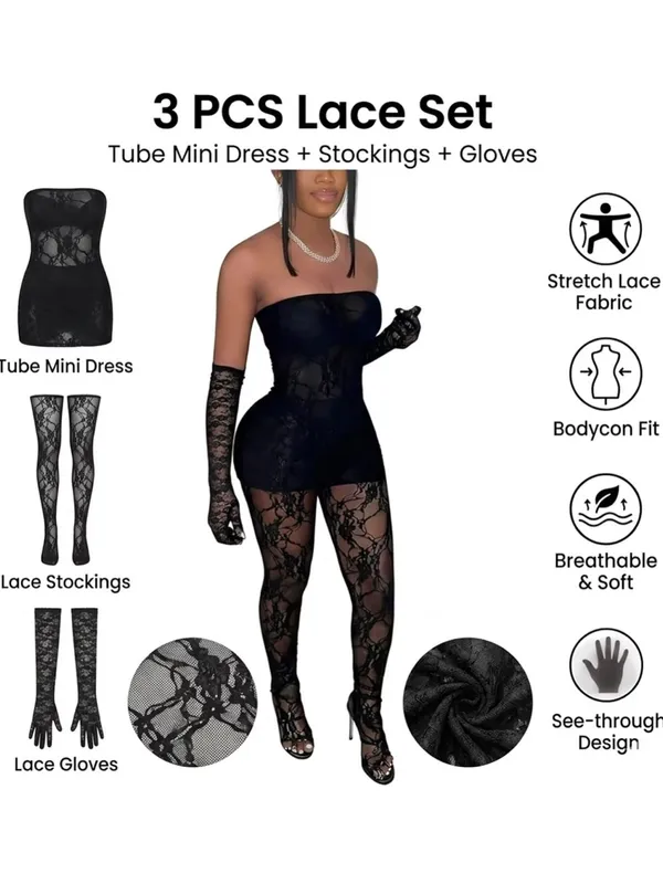 Strapless Black Lace Bodycon Dress & Hosiery Set - Image 3