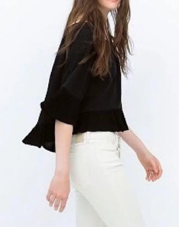 ZARA Ruffle Detail Off-The-Shoulder Top Black Relaxed Flowy Shoulderless Blouse - Image 2