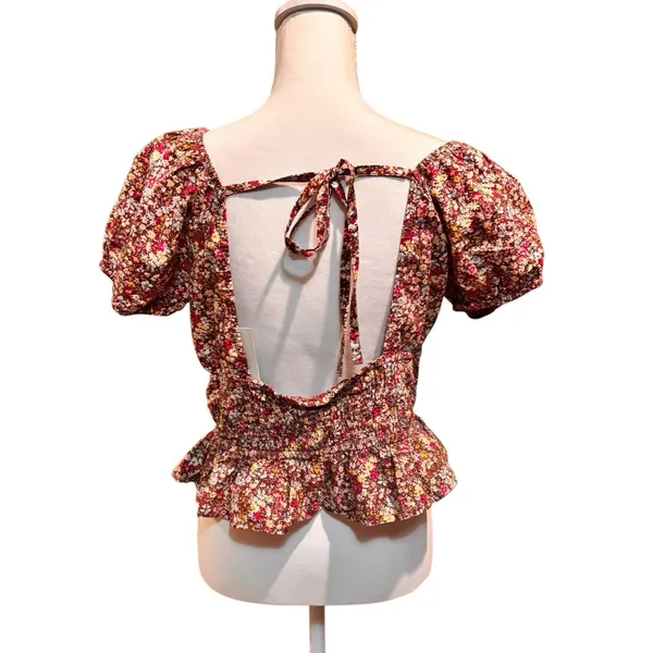 Sim &‎ Sam Brown Floral Ruched Peplum Top Open Back Tie Short Sleeve Size XL - Image 2