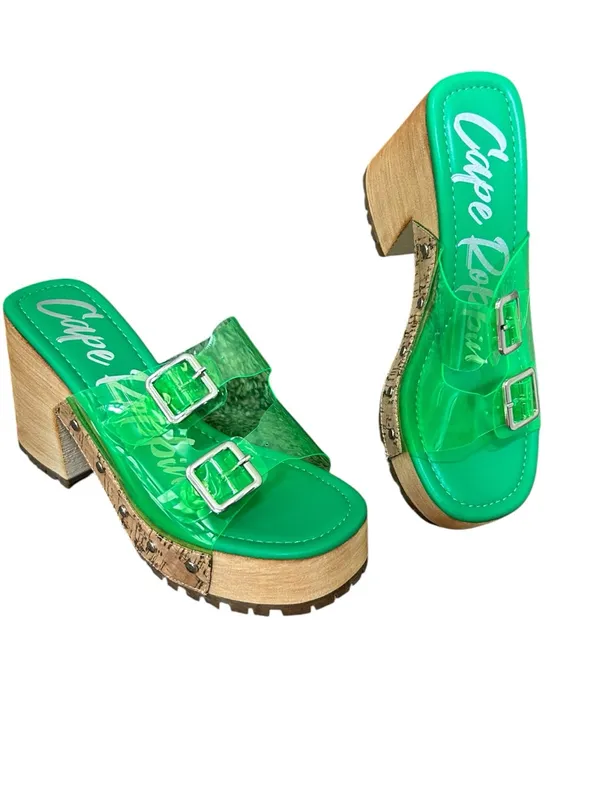 Cape Robbin Neon Green Lucite Double Buckle Platform Mules - Image 2