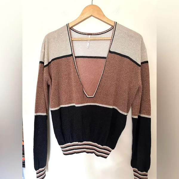 Free People‎ Sweater - Sz Medium - Deep V-Neck - Color Block - Gold Dust - Image 5