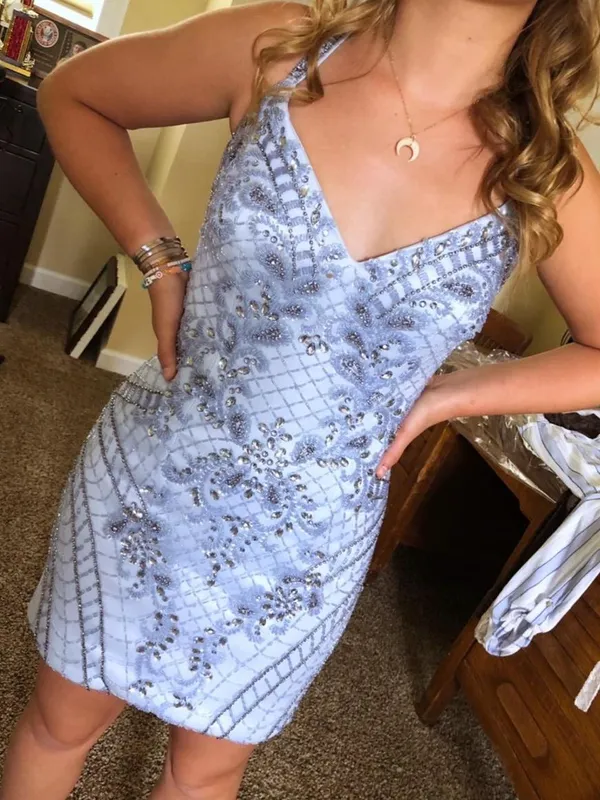 Sherri Hill Light Blue Beaded Homecoming Dress - Image 2