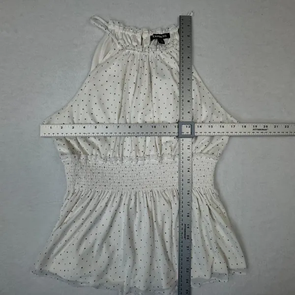 Express Top Sz M NWT Ivory Polka Dots Halter Smocked Sleeveless Peplum Lined - Image 4
