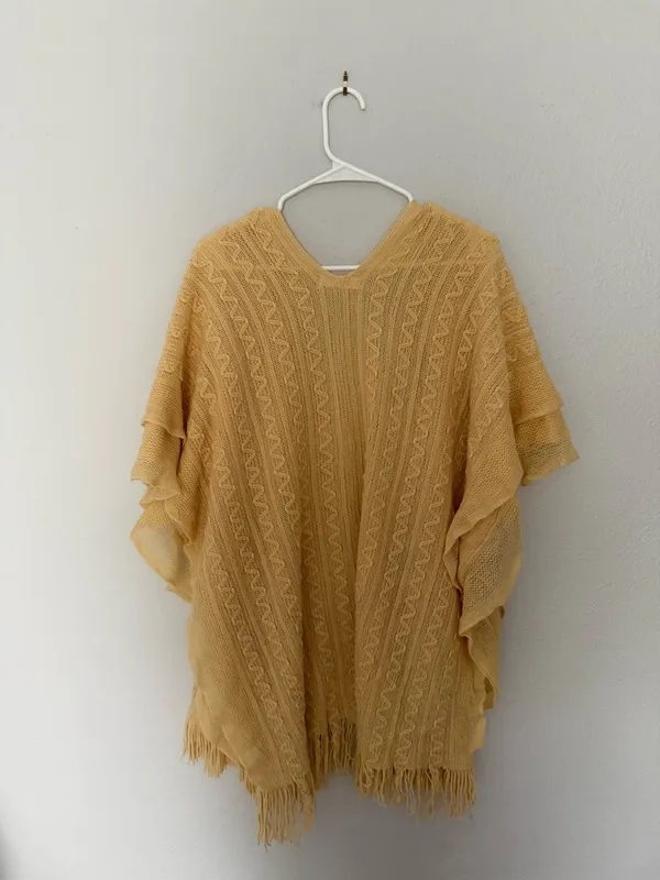 Butter Yellow Knit Poncho with Fringe Hemline - Image 4