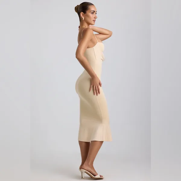 Oh Polly Julane Slinky Jersey Ruched Cut-Out Midaxi Dress in Buttercream Size 4 - Image 3