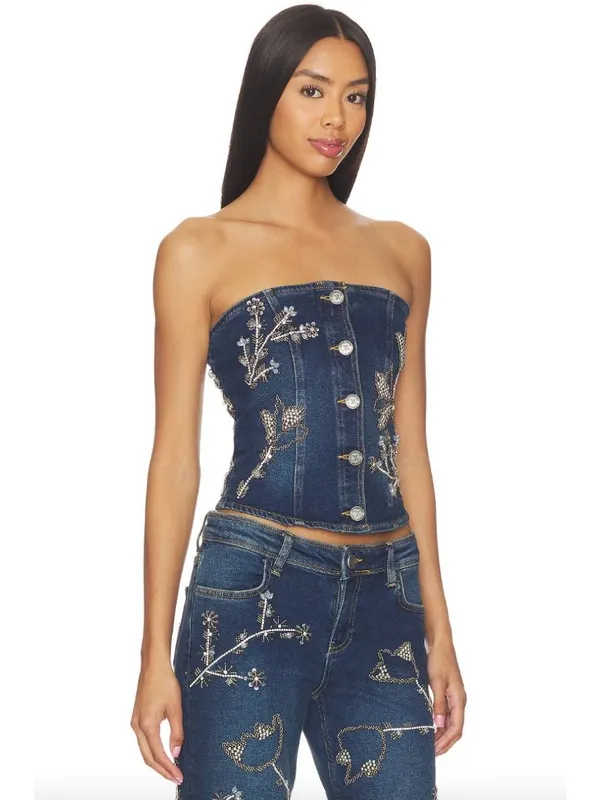 OW Collection Nova Embellished Denim Matching Set Blue Womens Size 36 Small - Image 2