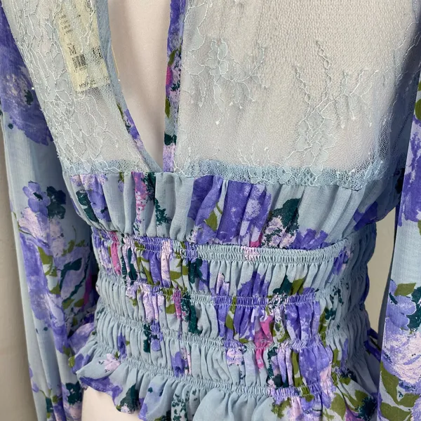 Free People Daphne Sliver Blue Floral Boho Smocked Lace Blouse Medium NWT $128 - Image 8
