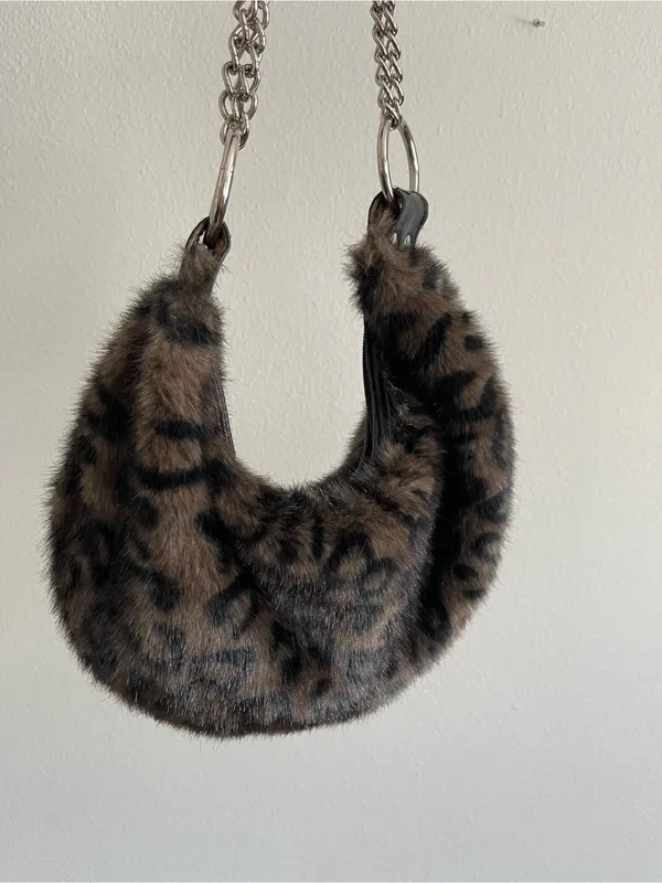 Leopard Print Faux Fur Shoulder Bag with Chain Strap - Brown - Image 2