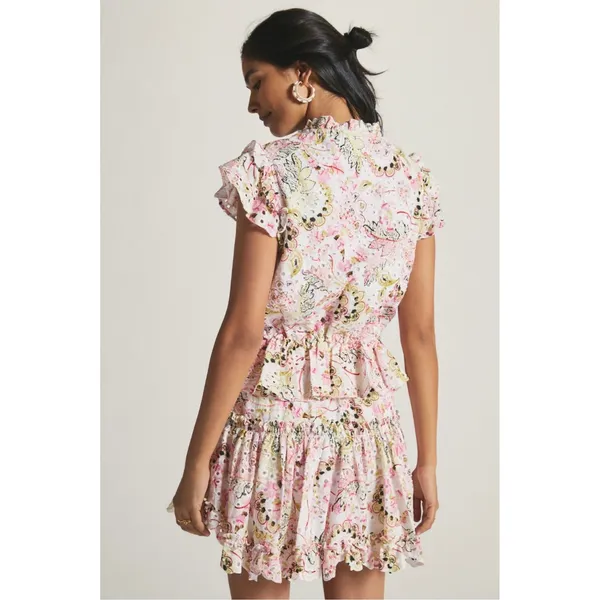 MISA Iliana Ruffled Eyelet Mini Dress Medium Pink Floral Tiered Coquette Cottage - Image 6