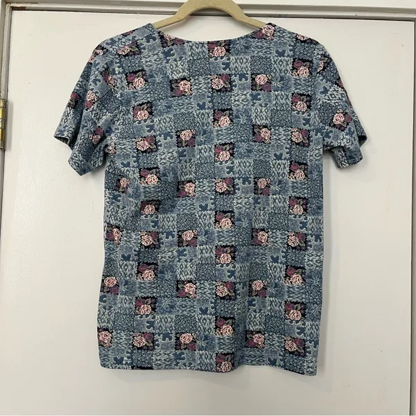 Y2K t-shirt floral checkered square blue gray maroon vintage small granny - Image 5